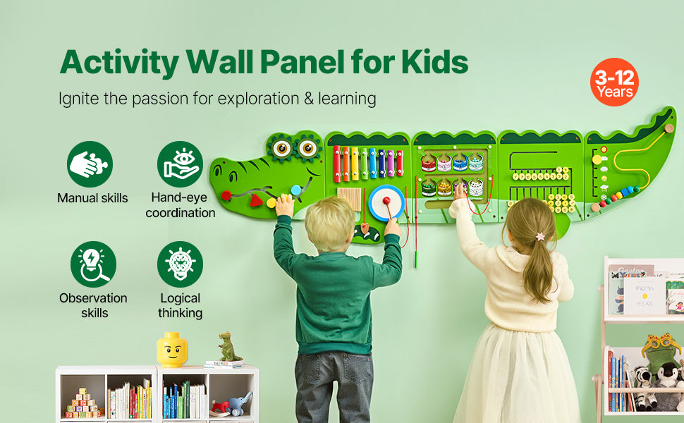 SucceBuy Orca Kids Wall Busy Board 12 Activities Hanging Panels Montessori Sensory Learning Toys for Toddler 3-12 Play Toys