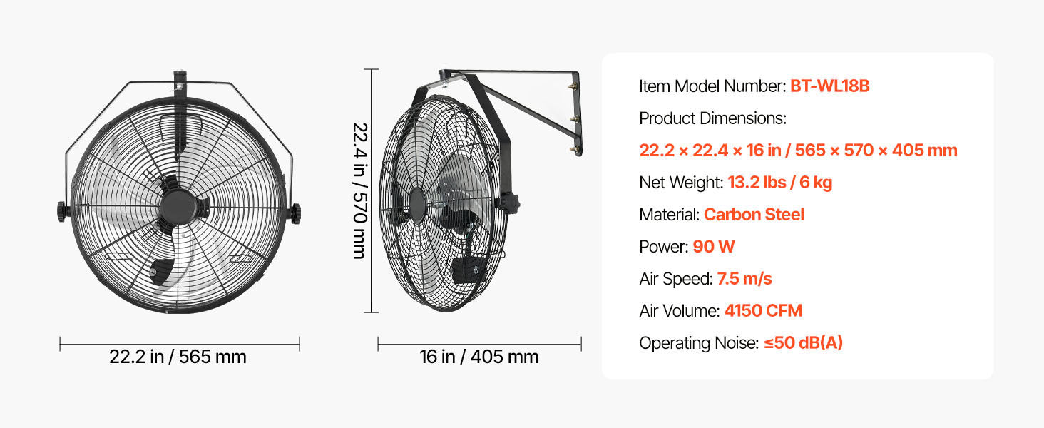 Wall Mount Fan 18/20 Inch 3-Speed Adjustable Rotation Angle