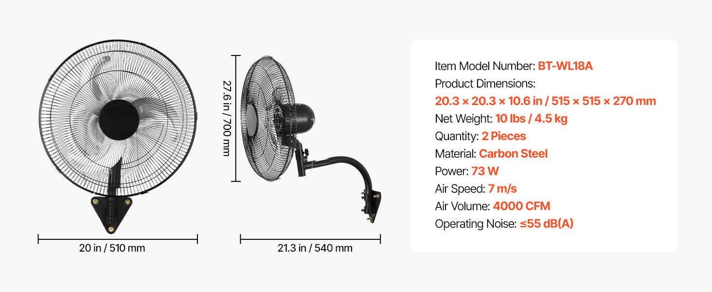 Wall Mount Fan 18/20 Inch 3-Speed Adjustable Rotation Angle-20in / United States