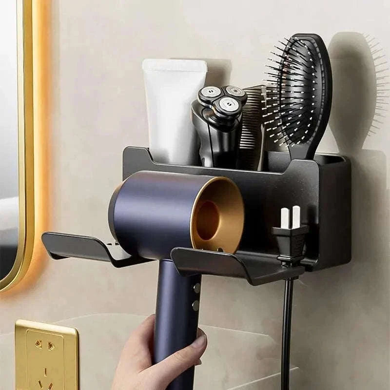 Wall Mount Hair Dryer Holder and Straightener Stand-black