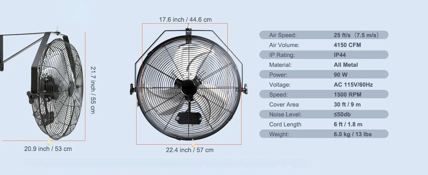 Wall Mount Industrial Fan 4150 CFM Waterproof Oscillating 90W-17.6inch / United States