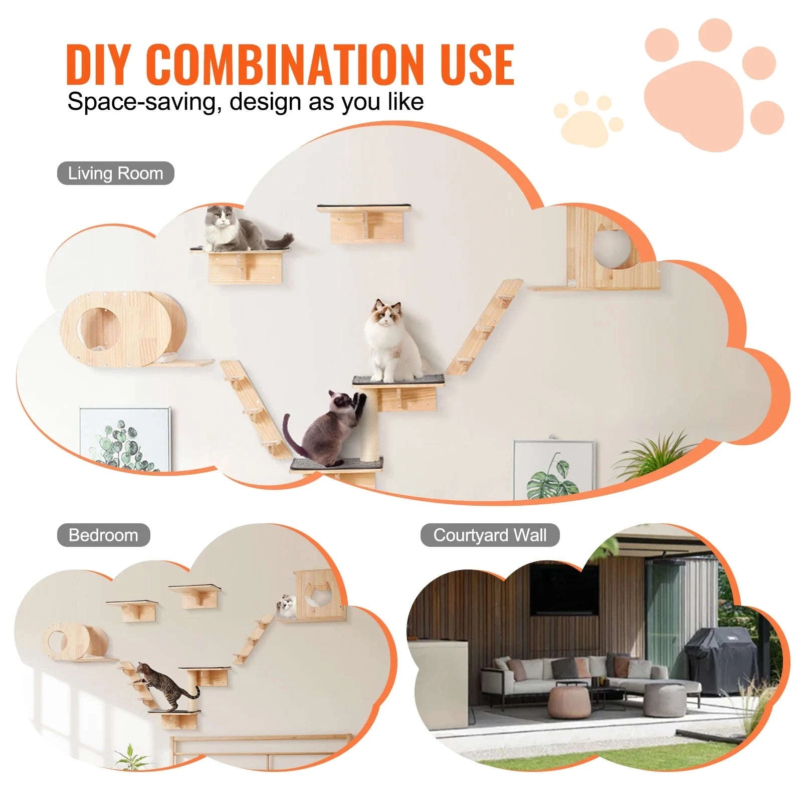 Wall Mounted Cat Shelves with Jumping Boards, Hammocks and Cat Tree-7sets / Poland