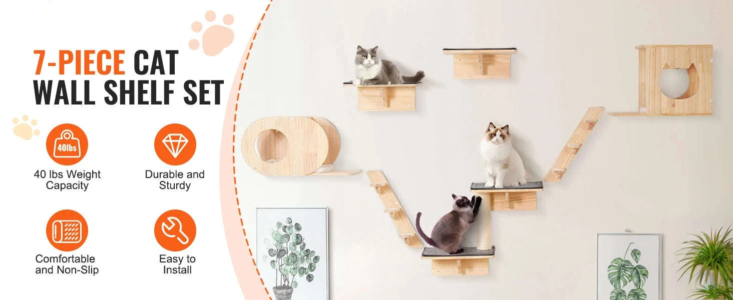 Wall Mounted Cat Shelves with Jumping Boards, Hammocks and Cat Tree-7sets / Poland