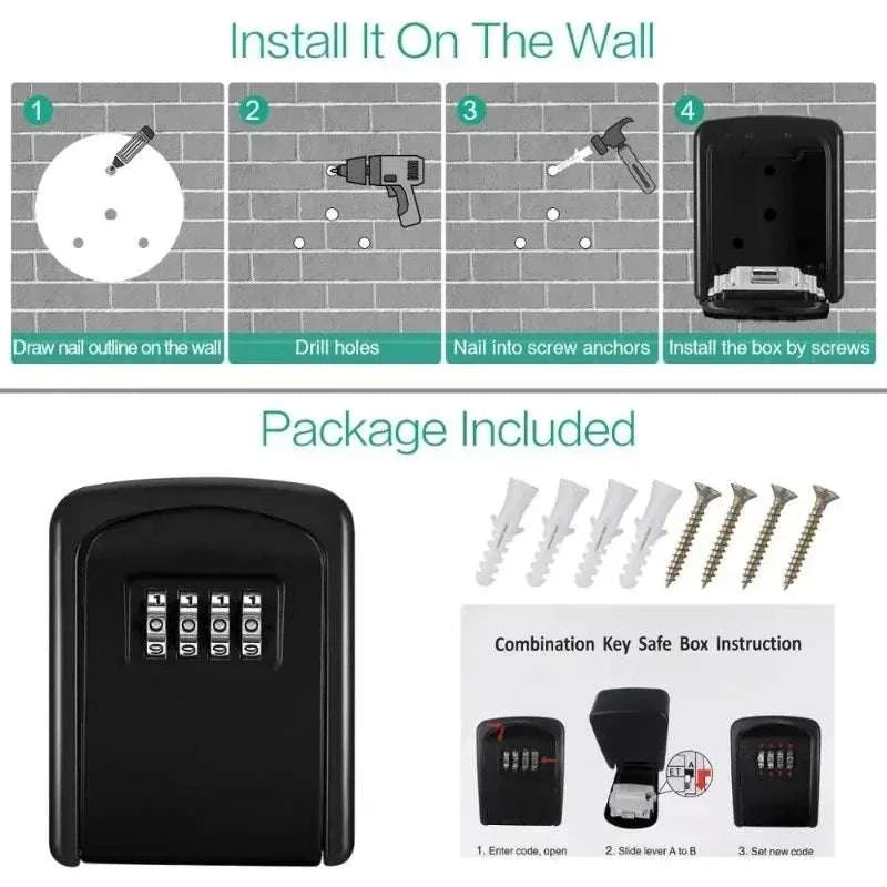 Wall Mounted Key Lock Box with 4 Digit Combination Secure Storage-Black / China Mainland
