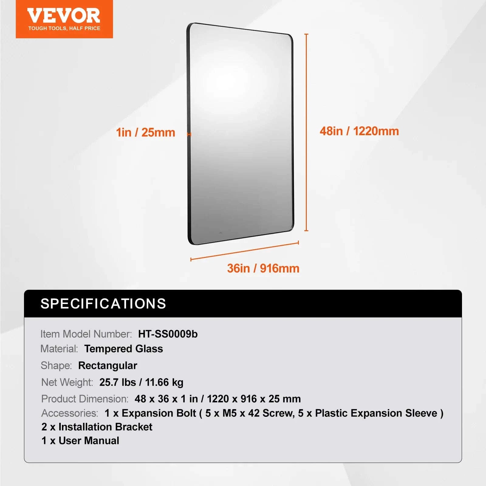 Wall Mounted Makeup Mirror with Aluminum Alloy Frame and Shatter-Resistant Film-28x60inch Black / United States