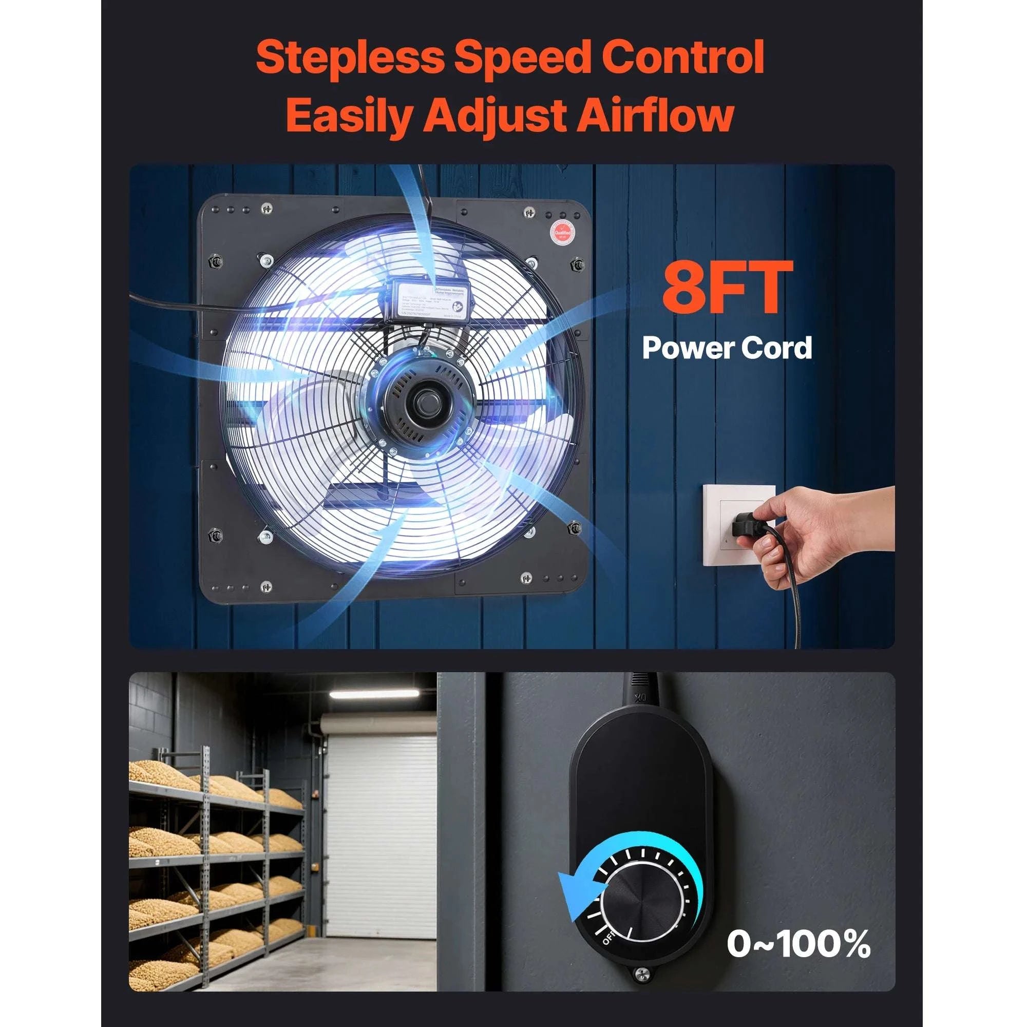 Wall Mounted Shutter Exhaust Fan with Speed Control for Attic-14inch / United States