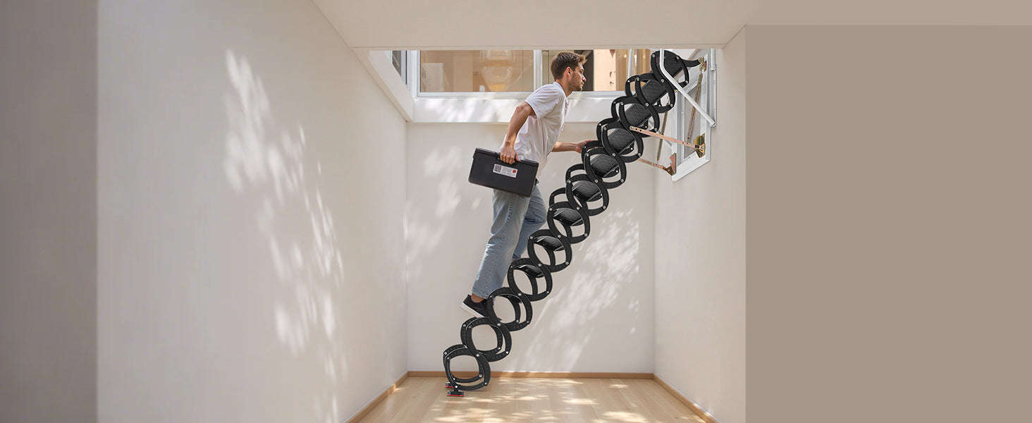 Wall-Mounted Steel Attic Ladder 660 lbs Capacity for 9.5 to 10 ft Ceilings-United States / 3 m