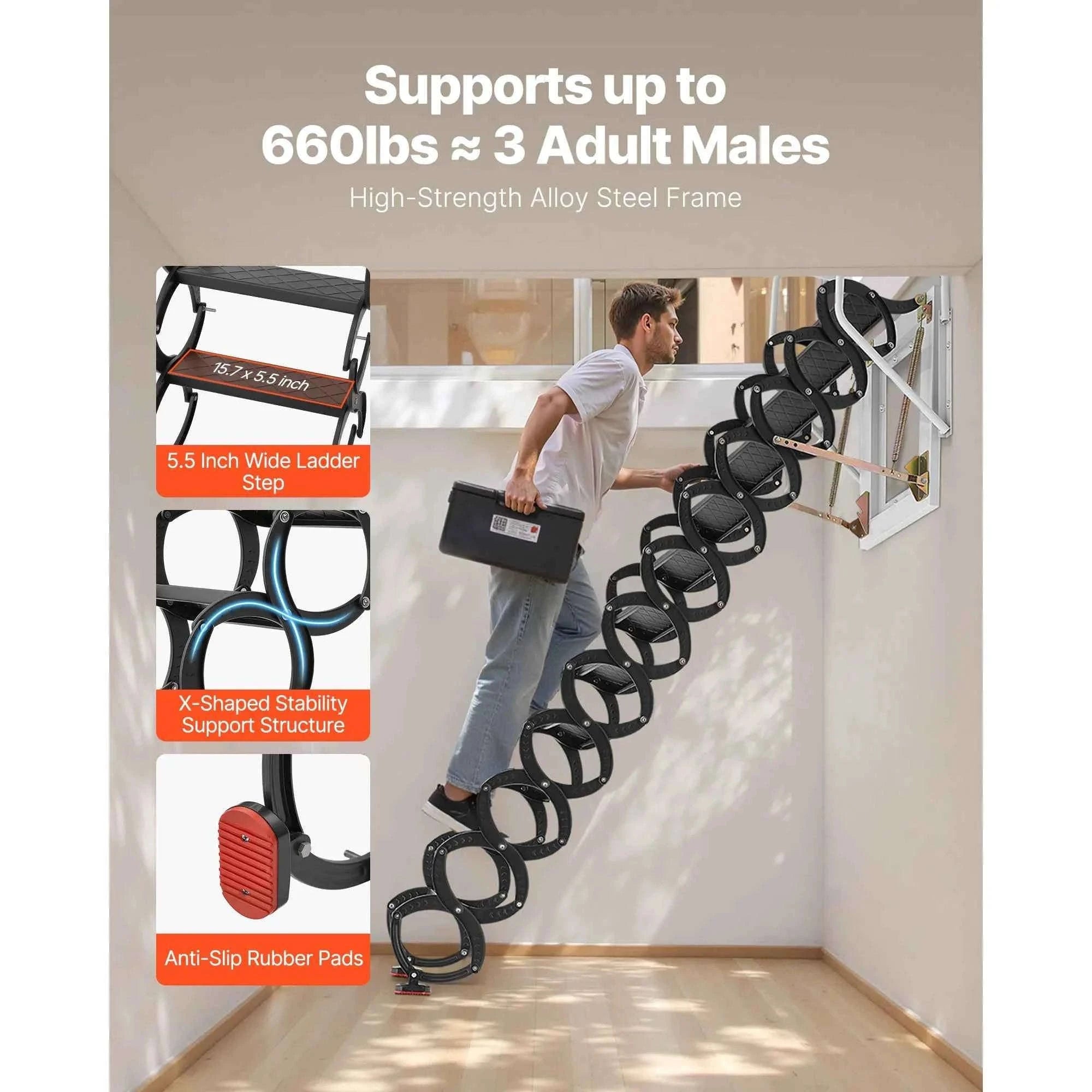 Wall-Mounted Steel Attic Ladder 660 lbs Capacity for 9.5 to 10 ft Ceilings-United States / 3 m