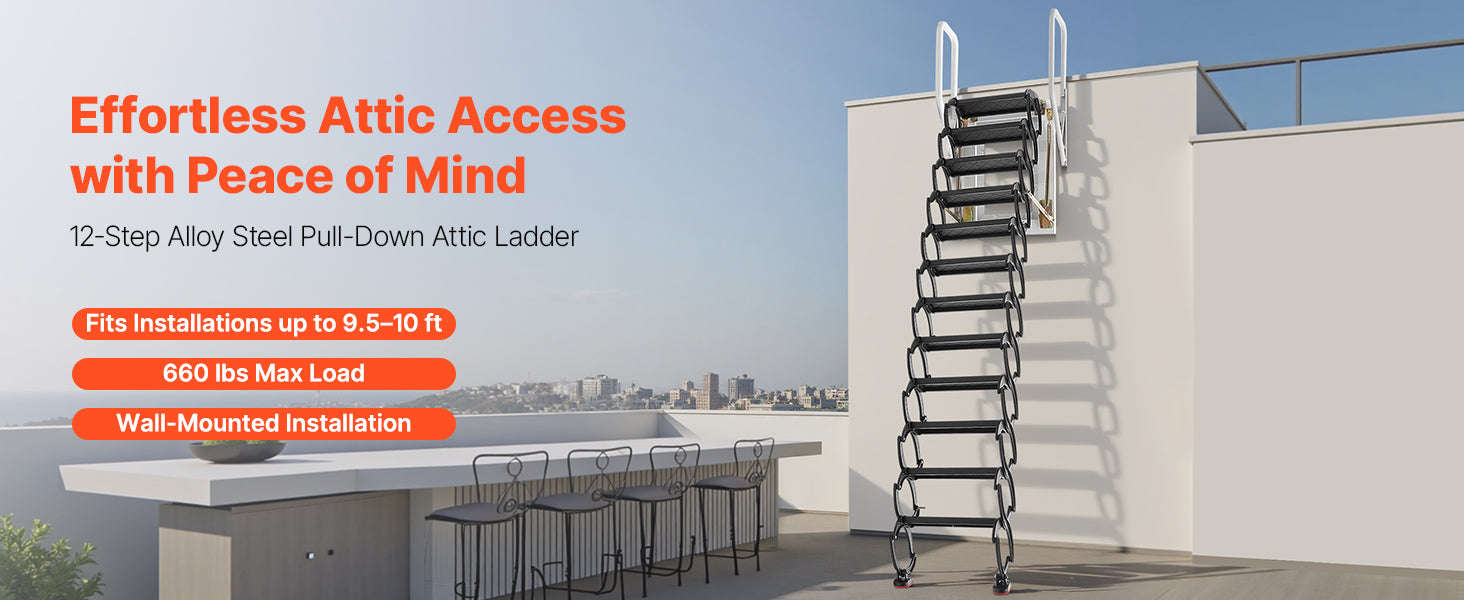 Wall-Mounted Steel Attic Ladder 660 lbs Capacity for 9.5 to 10 ft Ceilings-United States / 3 m