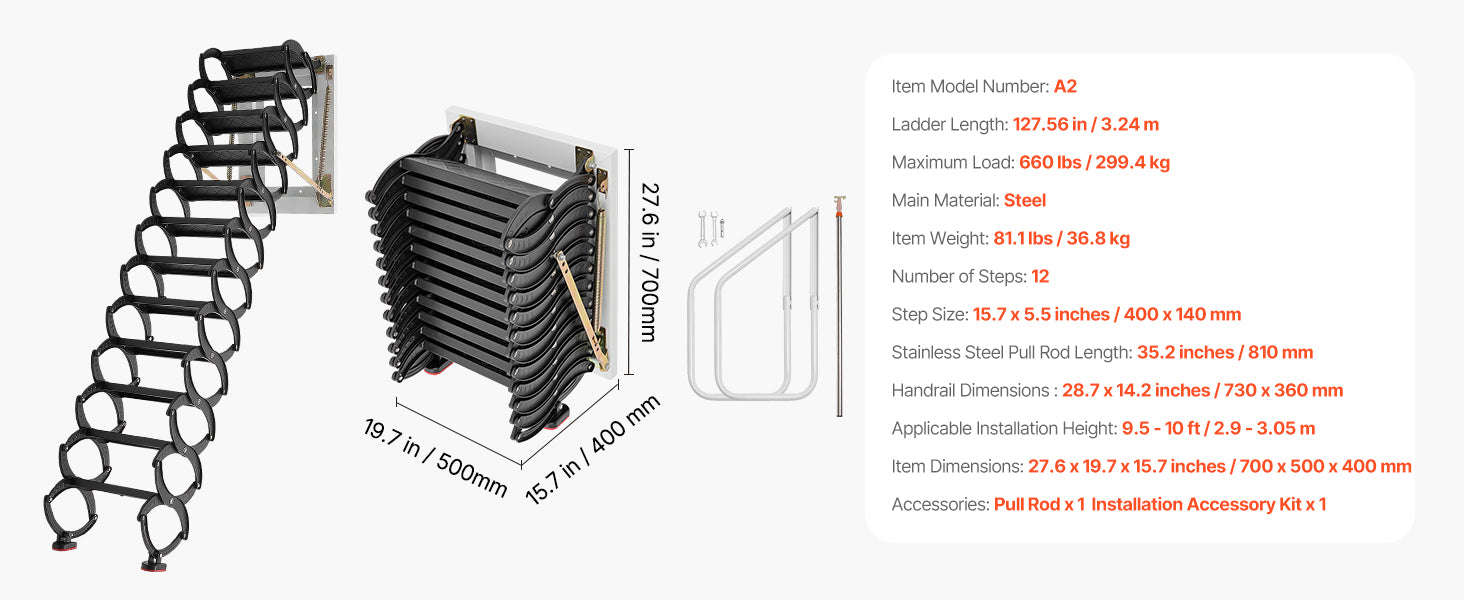 Wall-Mounted Steel Attic Ladder 660 lbs Capacity for 9.5 to 10 ft Ceilings-United States / 3 m