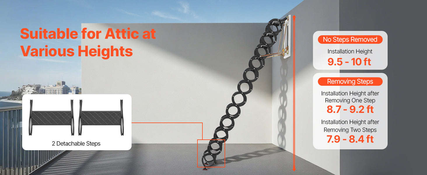 Wall-Mounted Steel Attic Ladder 660 lbs Capacity for 9.5 to 10 ft Ceilings-United States / 3 m
