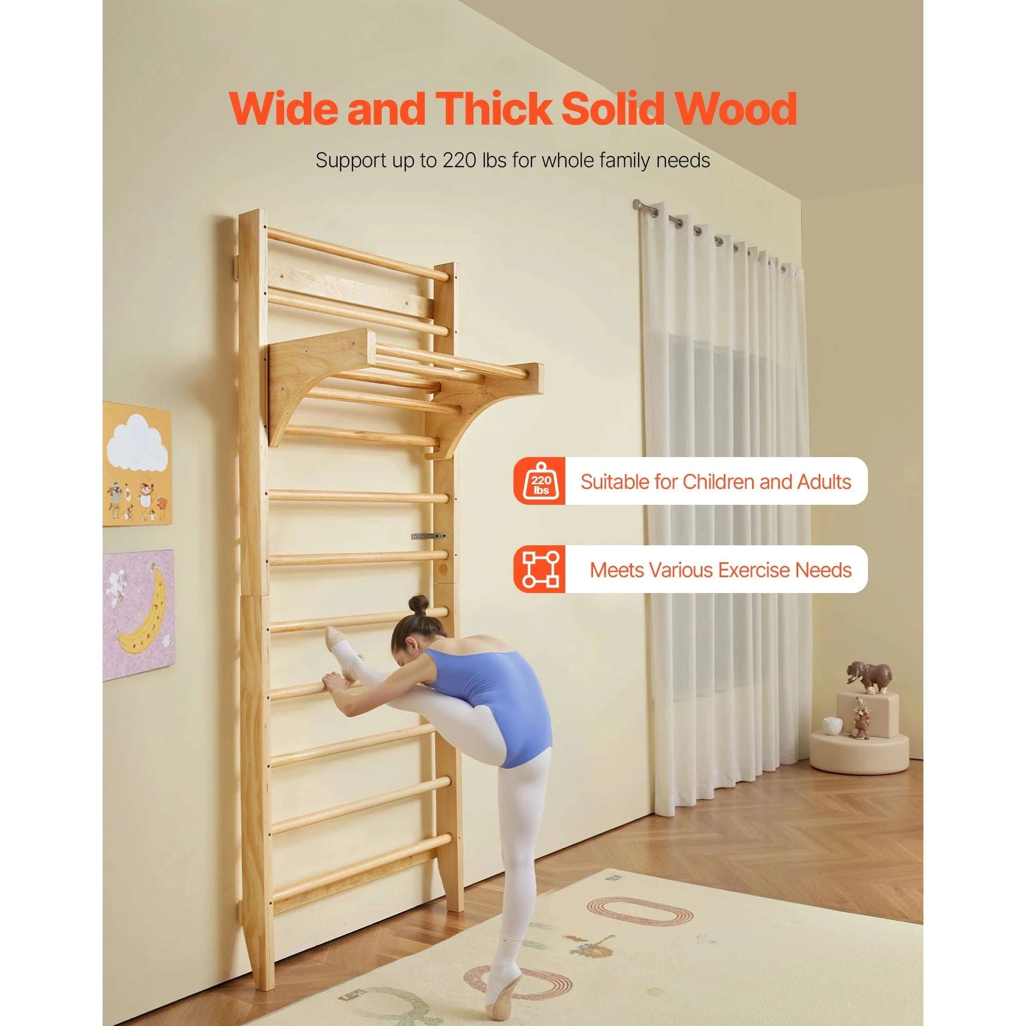 Wall-Mounted Swedish Ladder Gym for Kids & Adults (220 lbs)-15-Level / United States