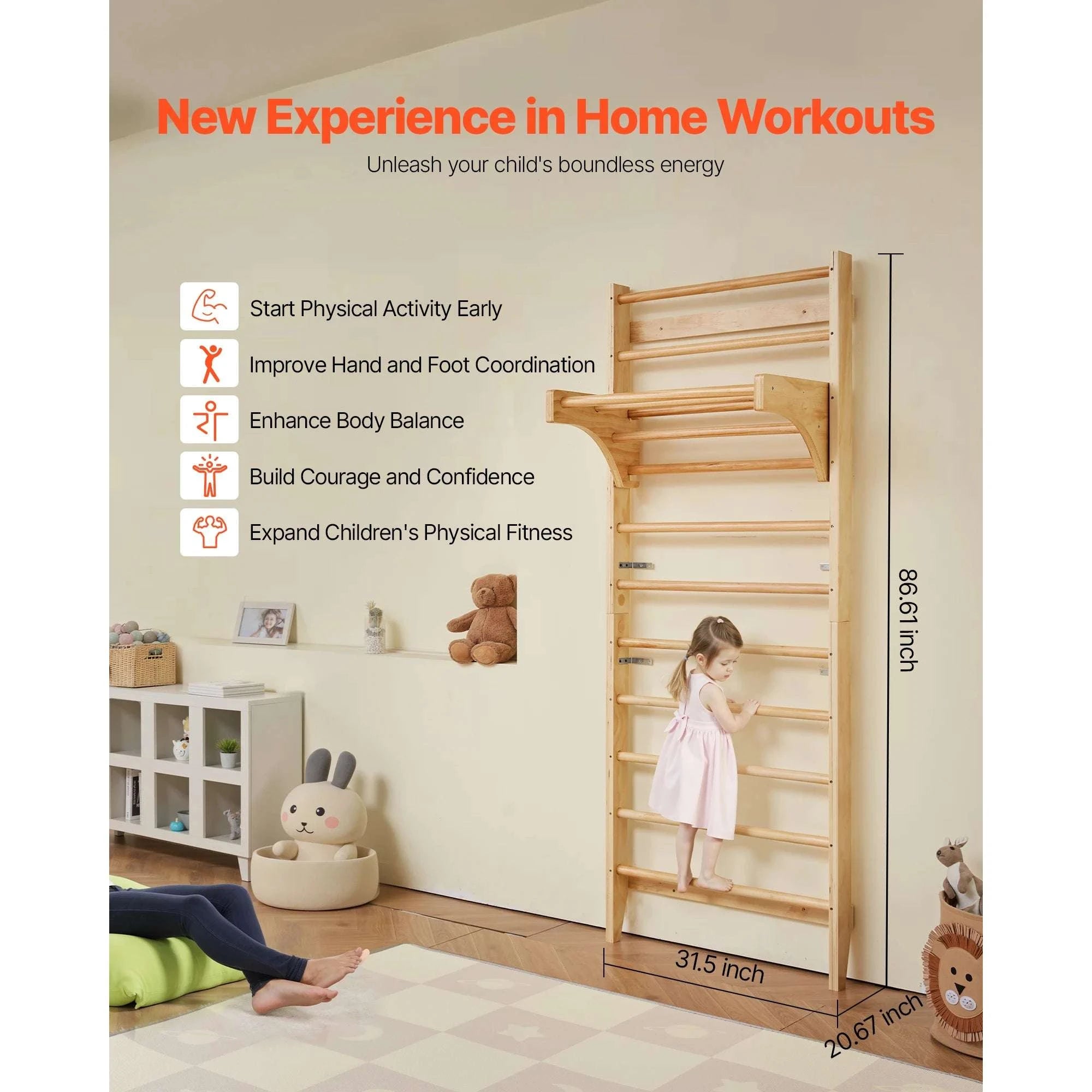 Wall-Mounted Swedish Ladder Gym for Kids & Adults (220 lbs)-15-Level / United States