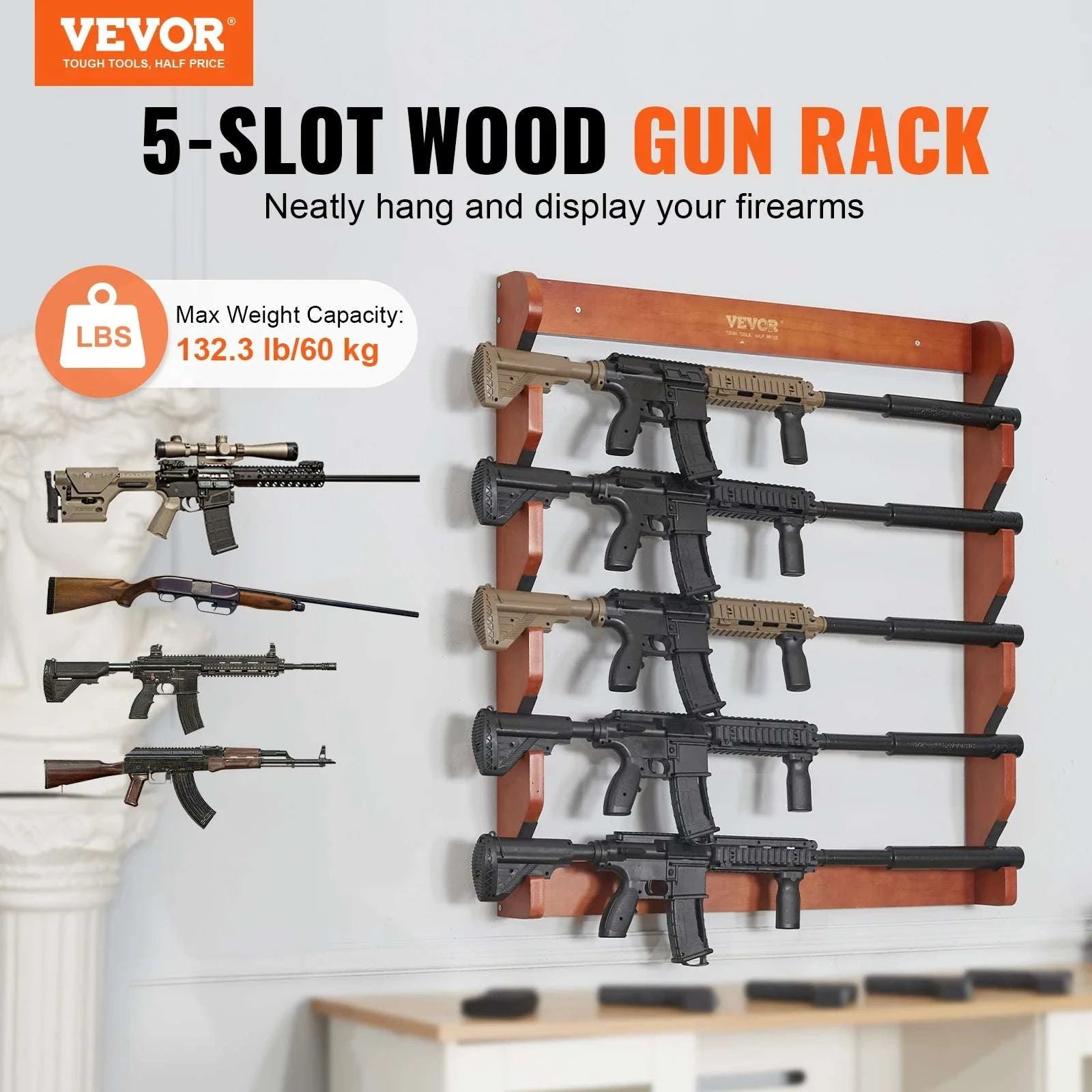 Wall Mounted Wooden Gun Rack with 5 Slots & 132 lb Capacity-4-slot / CZECH REPUBLIC