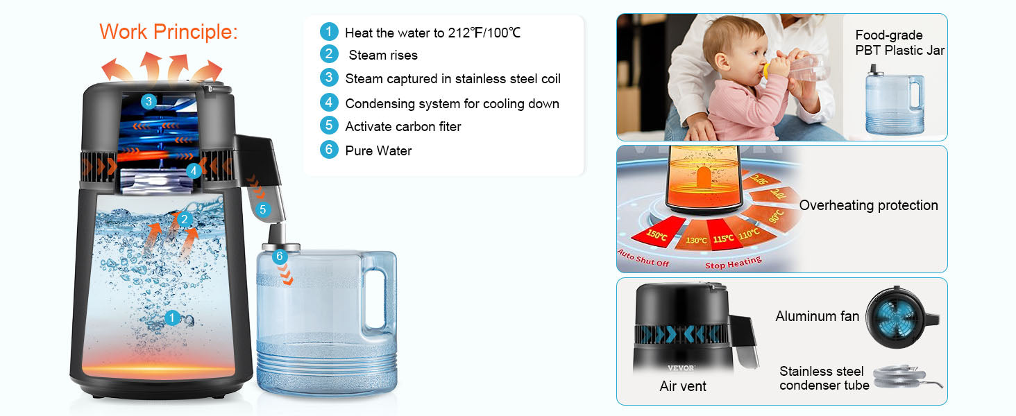 4L Countertop Water Distiller 750W Stainless Steel Purifier