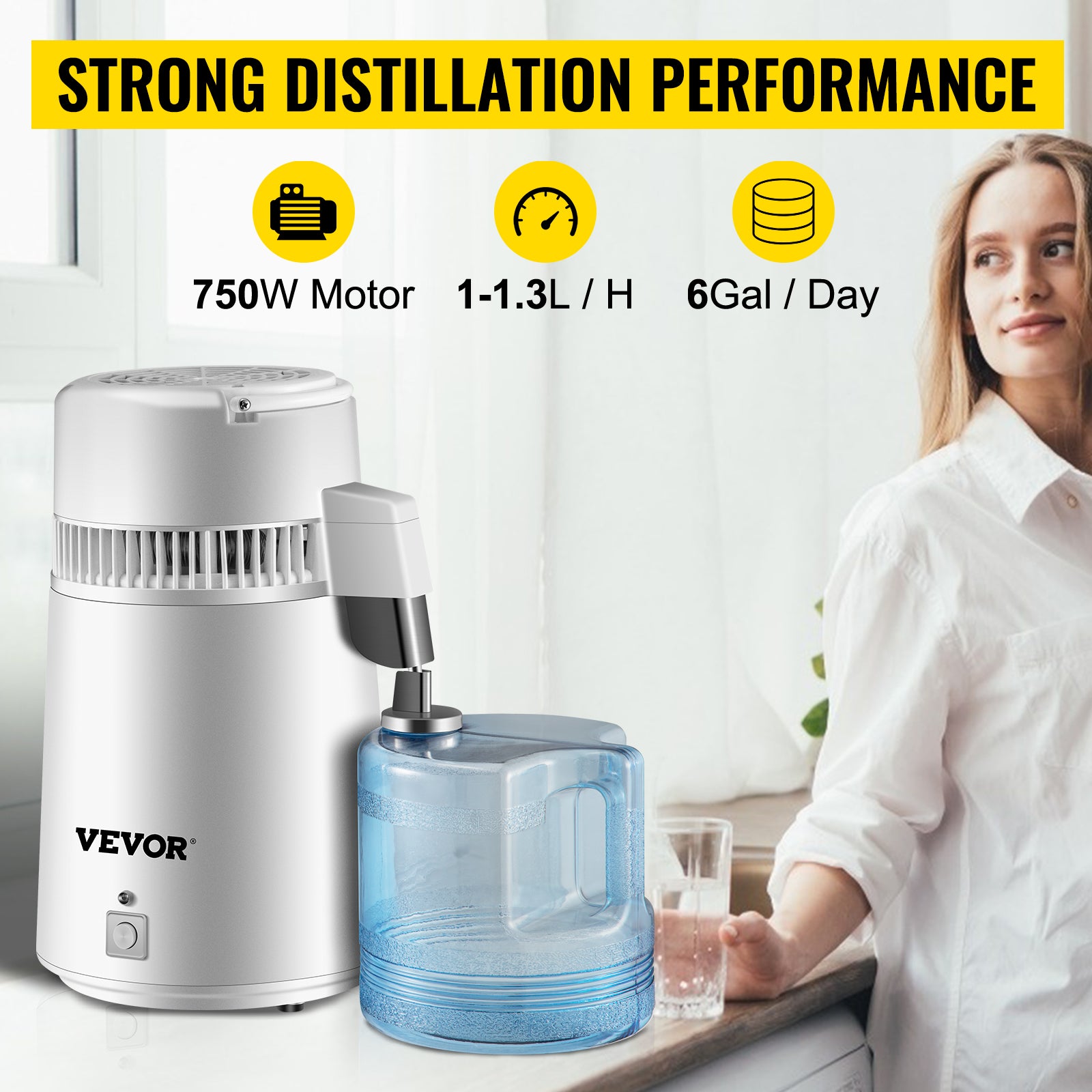 SucceBuy čisticí destilátor vody Pure Water Distiller 750W, filtr s plným upgradem a držadlem 1.1 gal / 4 l, BPA-free nádoba, ideální pro domácí použití, bílá