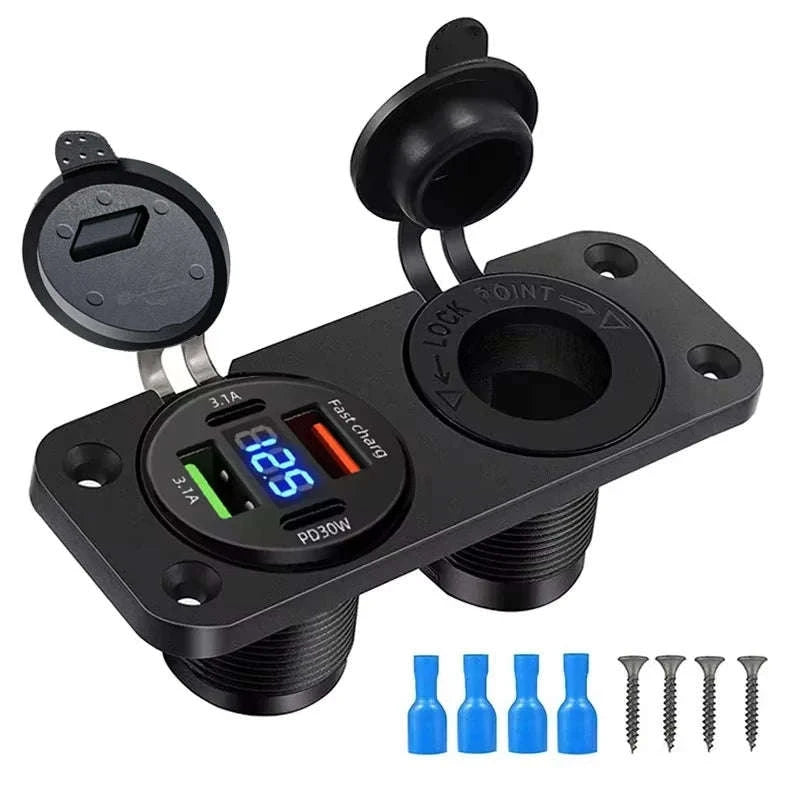 Waterproof 12V/24V Dual USB Car Socket with LED Voltmeter Touch Switch-NO wire A