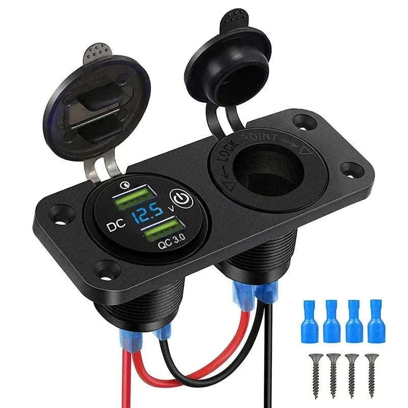 Waterproof 12V/24V Dual USB Car Socket with LED Voltmeter Touch Switch-NO wire A