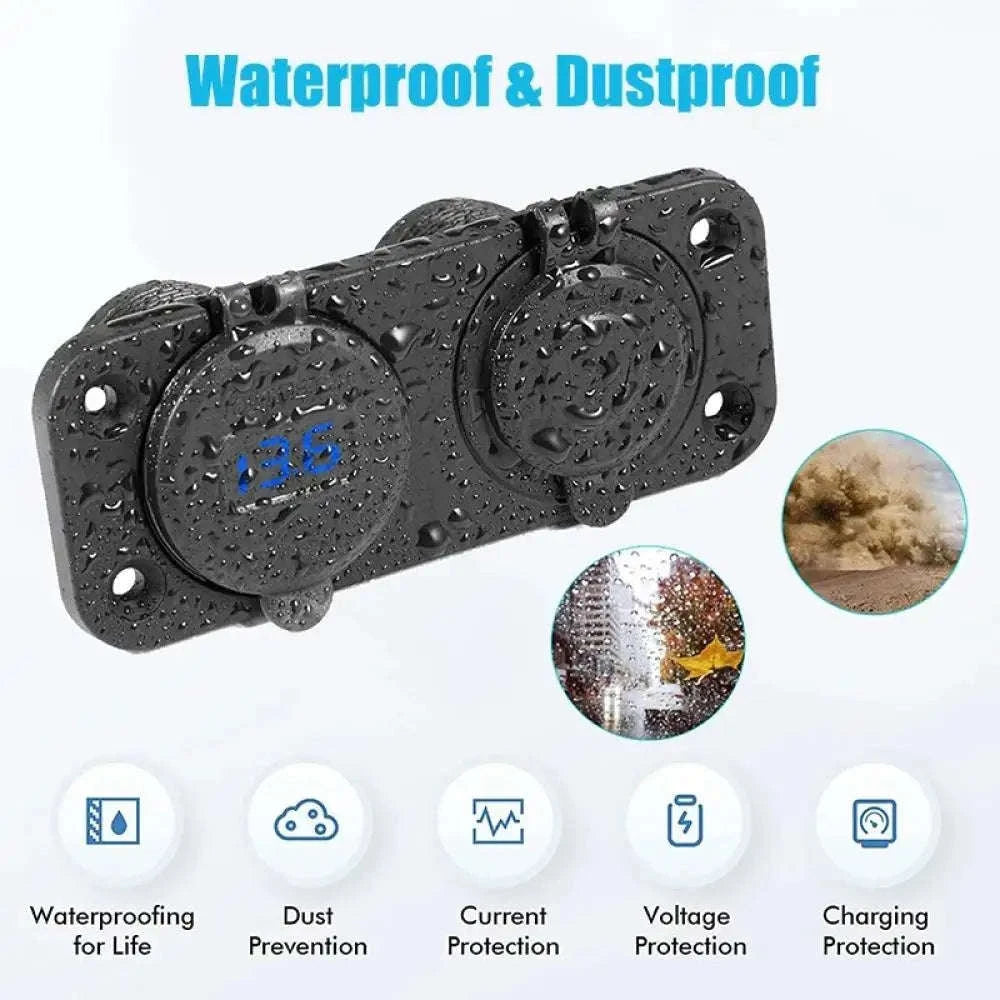 Waterproof 12V/24V Dual USB Car Socket with LED Voltmeter Touch Switch-NO wire A