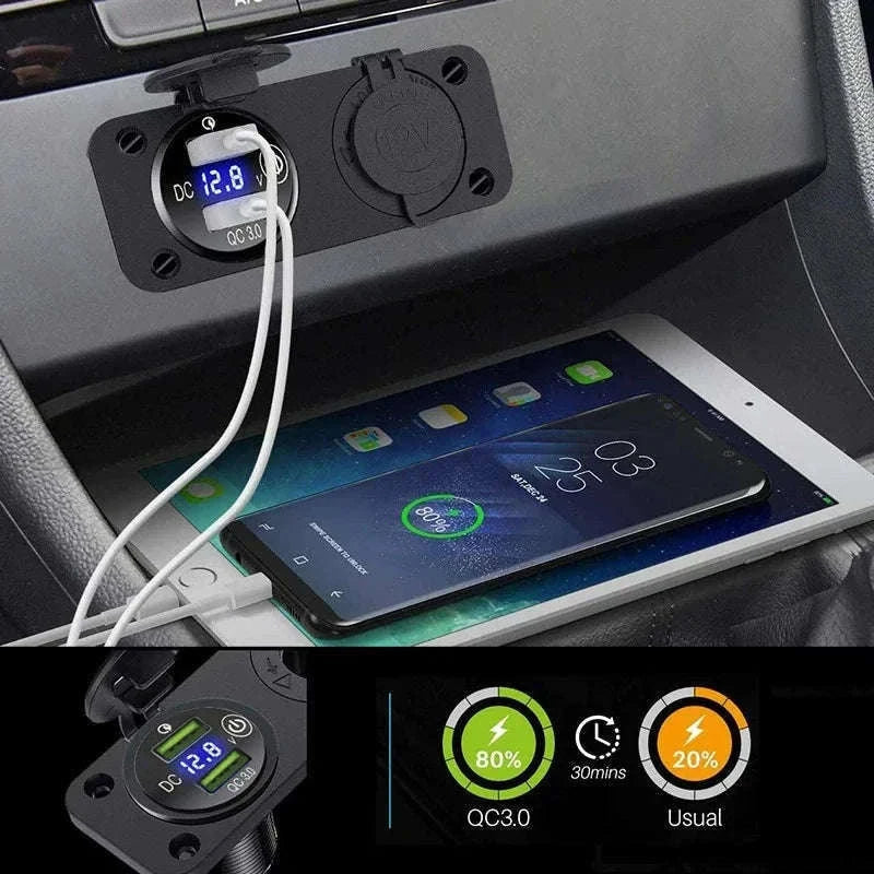 Waterproof 12V/24V Dual USB Car Socket with LED Voltmeter Touch Switch-NO wire A