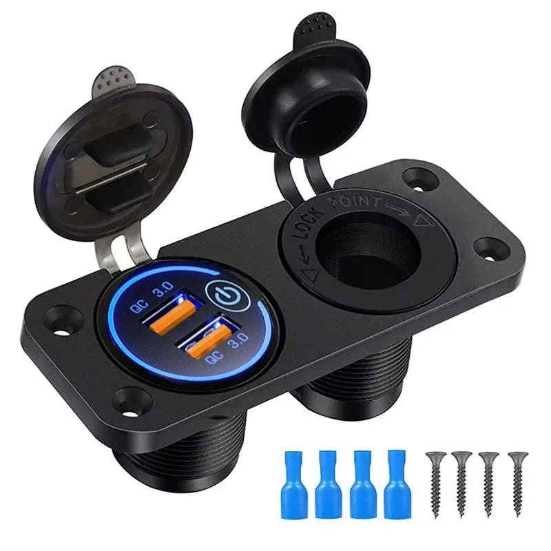 Waterproof 12V/24V Dual USB Car Socket with LED Voltmeter Touch Switch-NO wire A