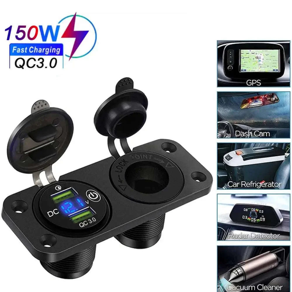 Waterproof 12V/24V Dual USB Car Socket with LED Voltmeter Touch Switch-NO wire A