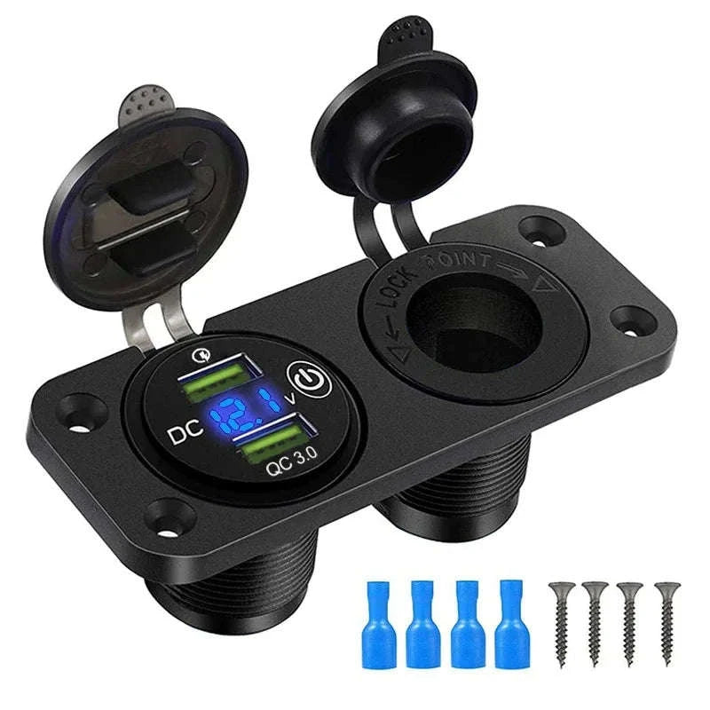 Waterproof 12V/24V Dual USB Car Socket with LED Voltmeter Touch Switch-NO wire A