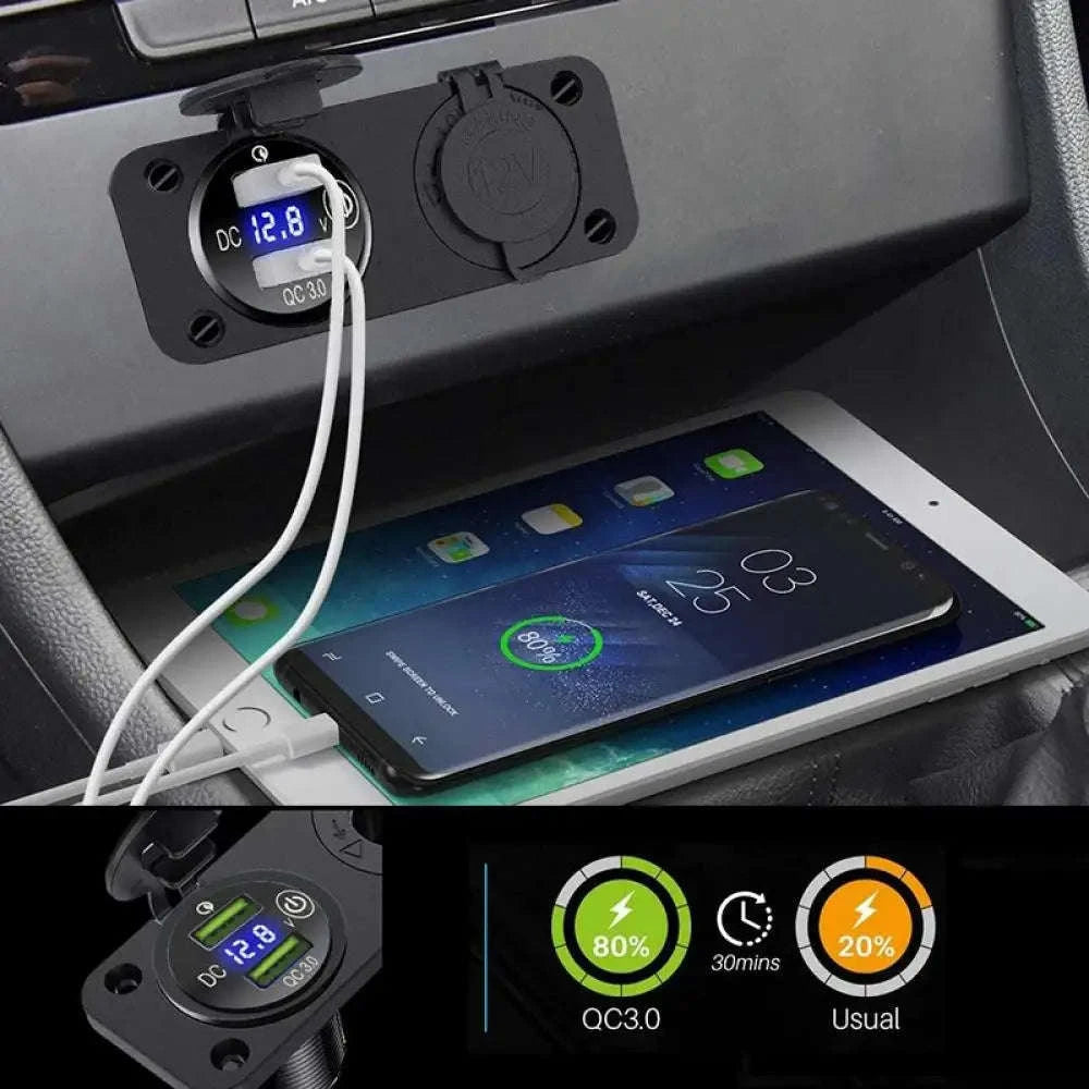 Waterproof 12V/24V Dual USB Car Socket with LED Voltmeter Touch Switch-NO wire A