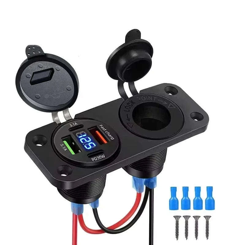 Waterproof 12V/24V Dual USB Car Socket with LED Voltmeter Touch Switch-NO wire A