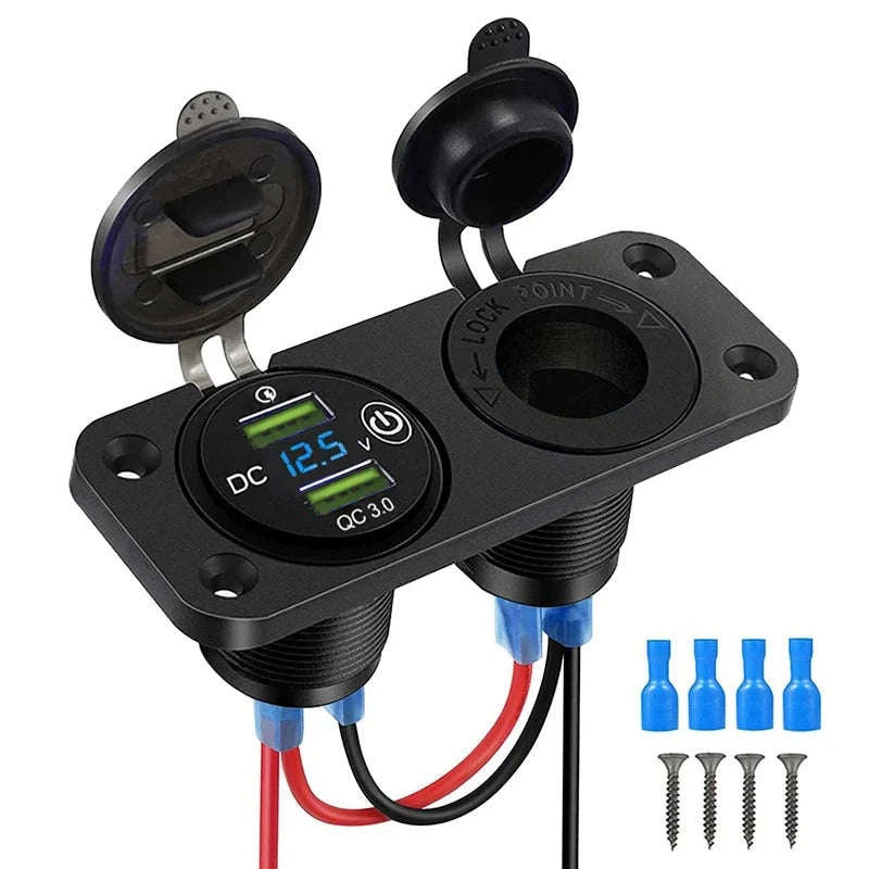 Waterproof 12V/24V Dual USB Car Socket with LED Voltmeter Touch Switch-NO wire A