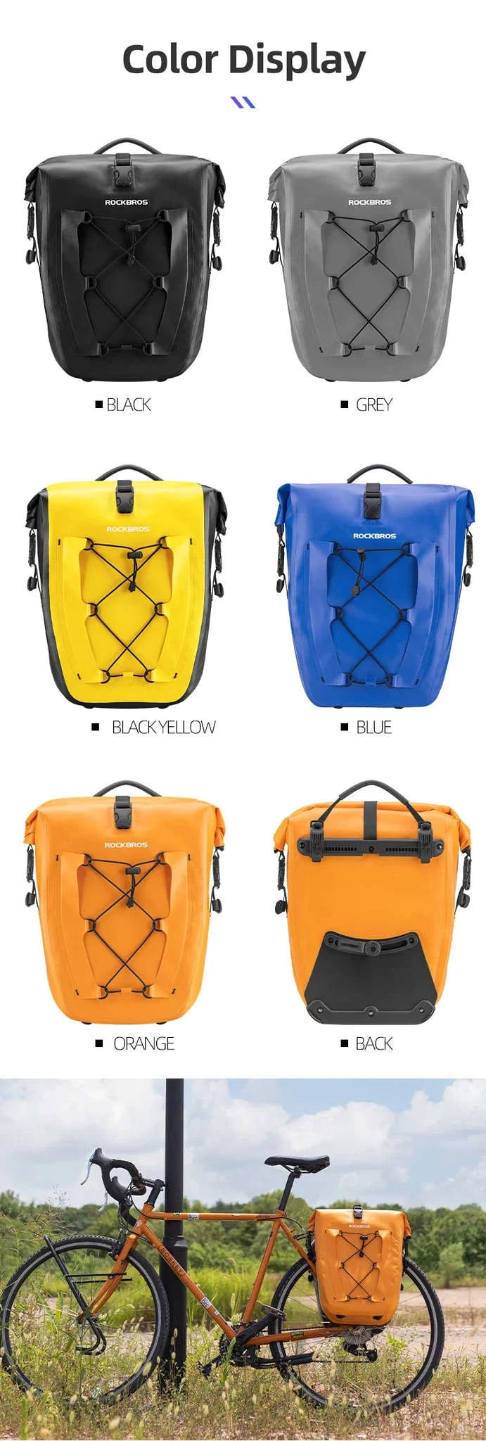 Waterproof 25L Bike Rack Bag with Roll Top & Storage Pockets-30140022004