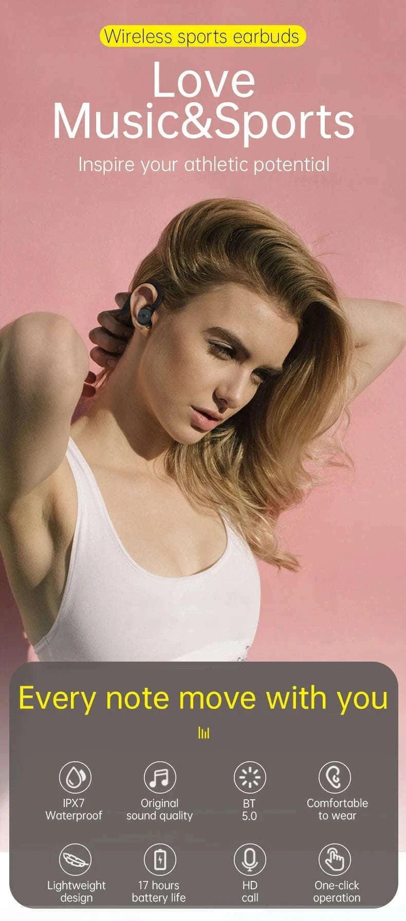 Waterproof Bluetooth 5.0 Sport Earbuds with 20H Playtime & Dual Wear Fit-Pink