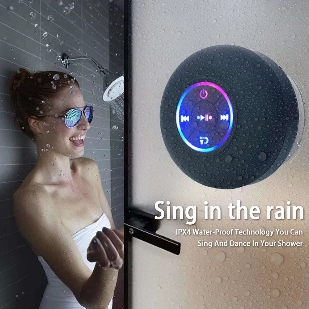 Waterproof Bluetooth Shower Speaker with Suction Cup & LED Light-Black