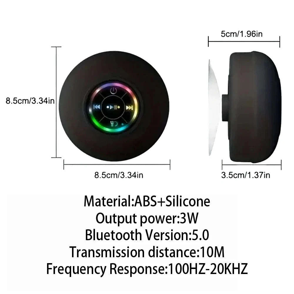 Waterproof Bluetooth Shower Speaker with Suction Cup & LED Light-Black