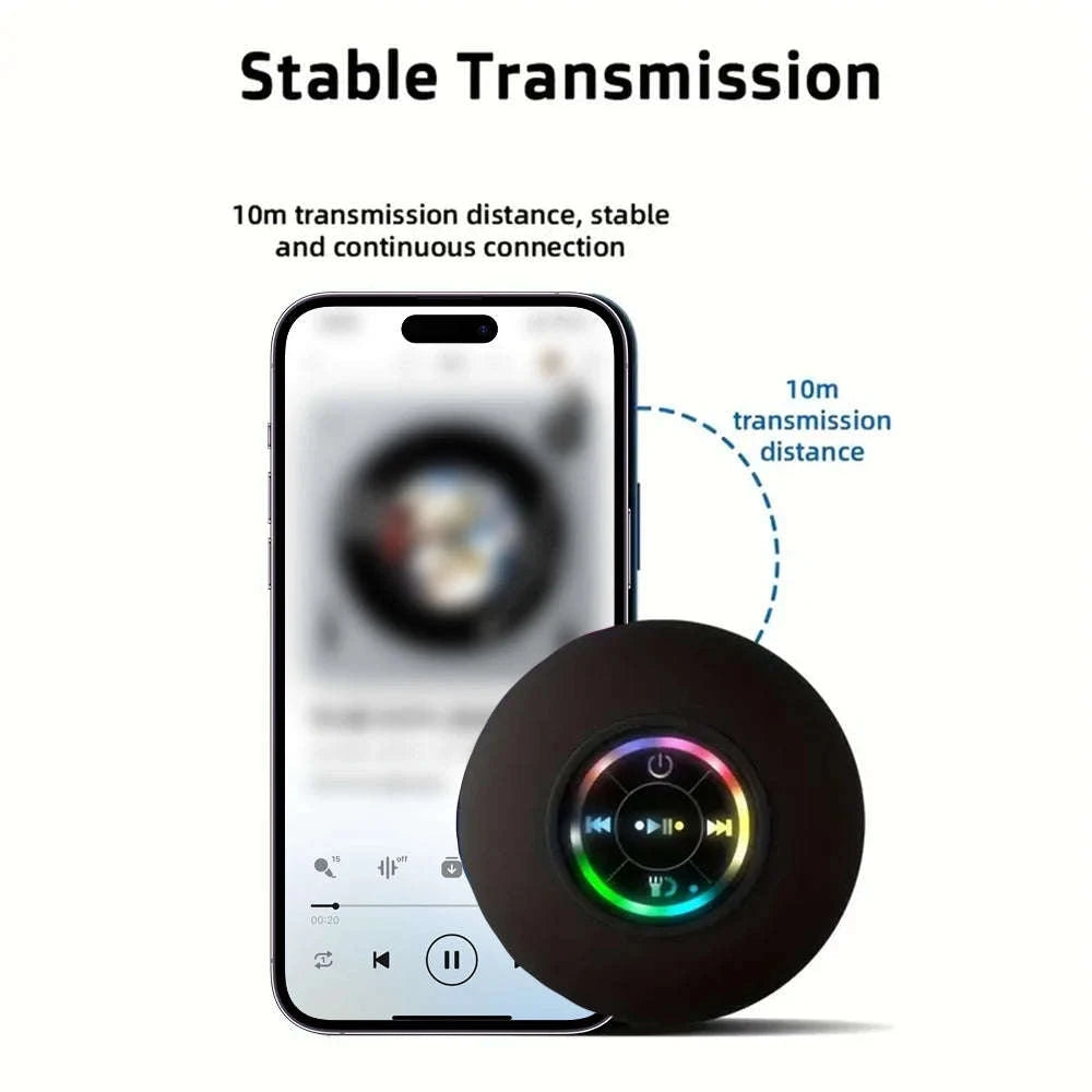 Waterproof Bluetooth Shower Speaker with Suction Cup & LED Light-Black