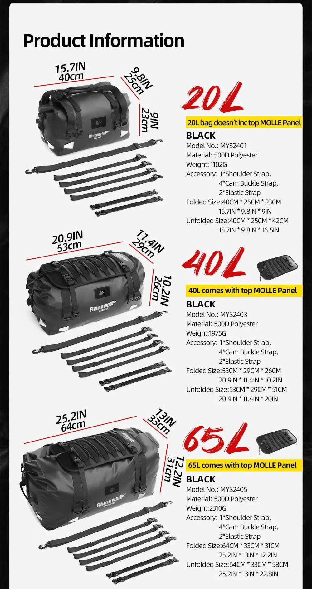 Waterproof Motorcycle Saddle Bag 20L 40L 65L Tail Seat Storage Pack-20L / China Mainland