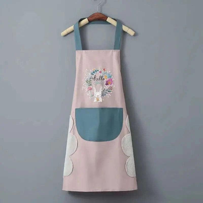 Waterproof Oil-Proof Kitchen Apron with Hand-Wipe Design-Pink