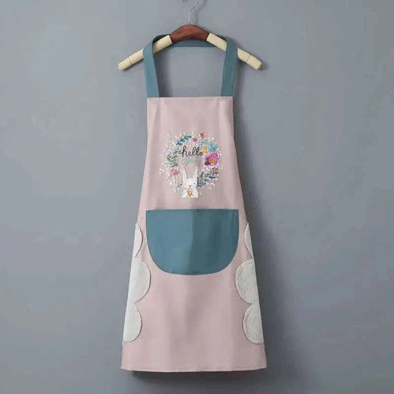 Waterproof Oil-Proof Kitchen Apron with Hand-Wipe Design-Pink