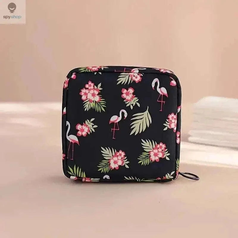 Waterproof Sanitary Napkin Storage Pouch for Discreet Daily Carry-Black Flamingo