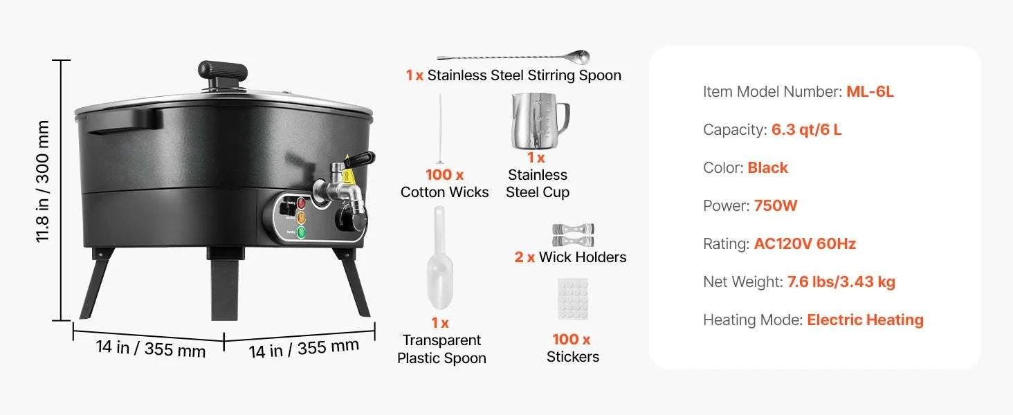 Wax Melter for Candle Making with Fast Heating & Easy Pour Spout-6L 750W / United States