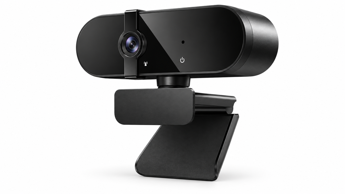 Black USB webcam with adjustable clip on white background