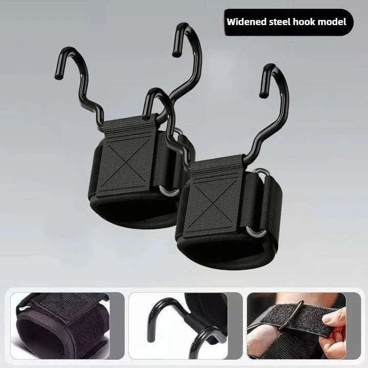 Weight Lifting Hooks with Wrist Wraps for Secure Grip Training-SteelPlate Black-2pc