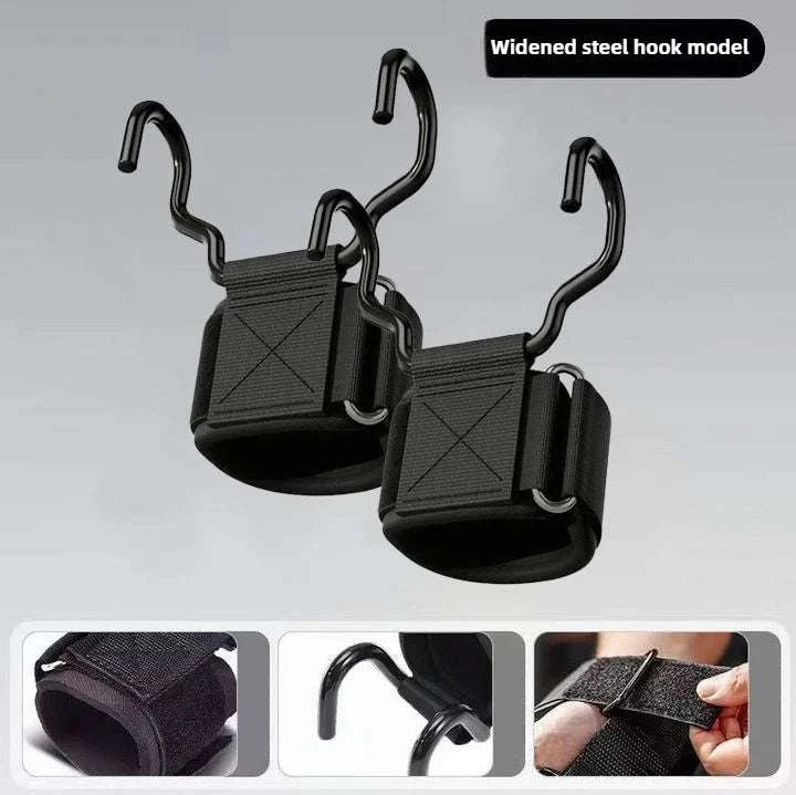 Weight Lifting Hooks with Wrist Wraps for Secure Grip Training-SteelPlate Black-2pc