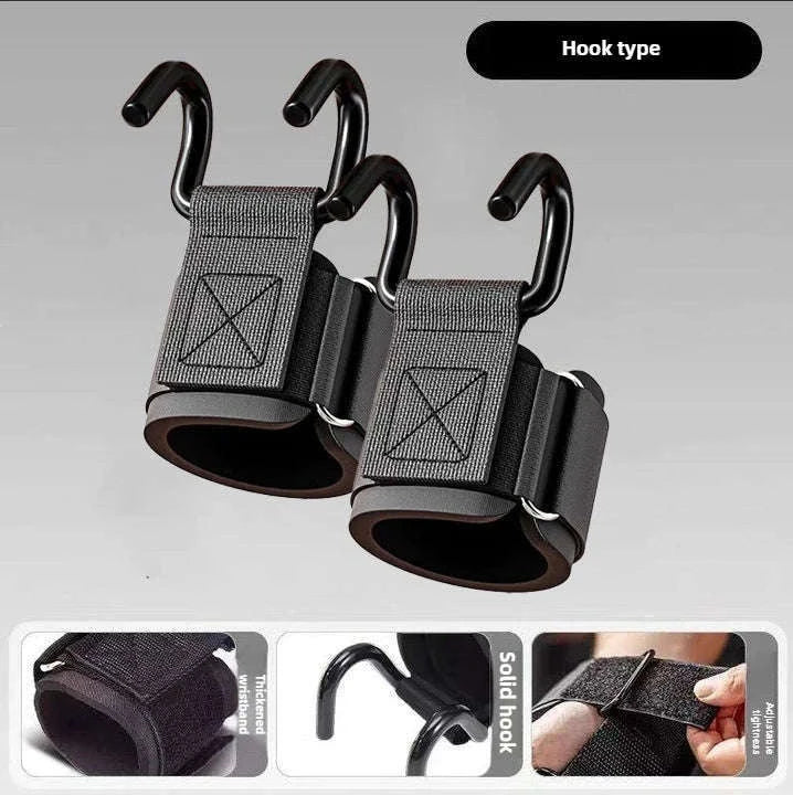Weight Lifting Hooks with Wrist Wraps for Secure Grip Training-SteelPlate Black-2pc