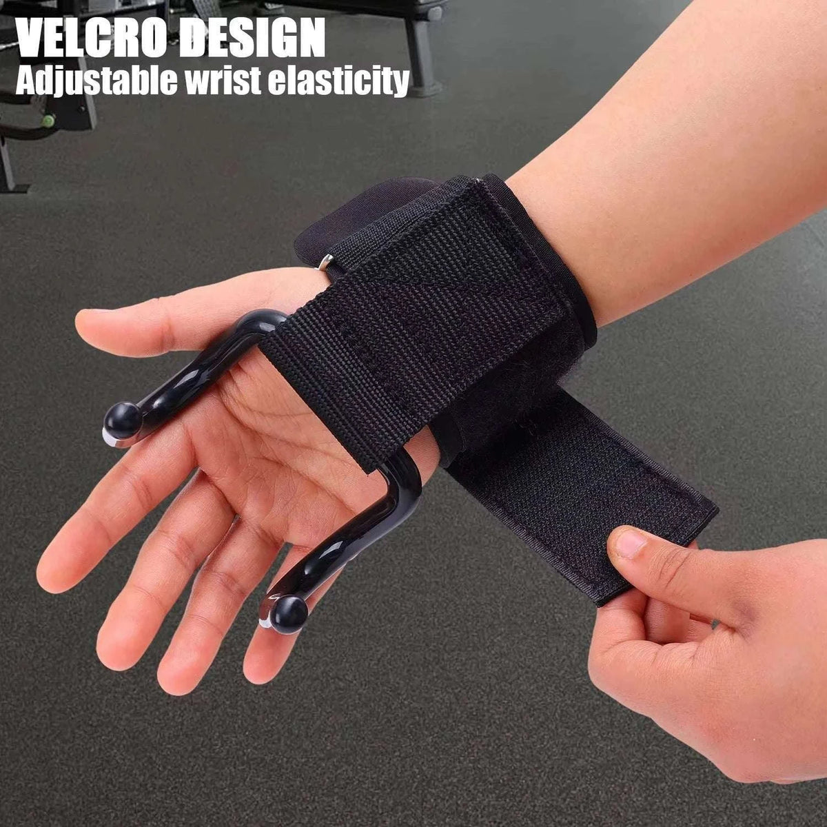 Weight Lifting Hooks with Wrist Wraps for Secure Grip Training-SteelPlate Black-2pc