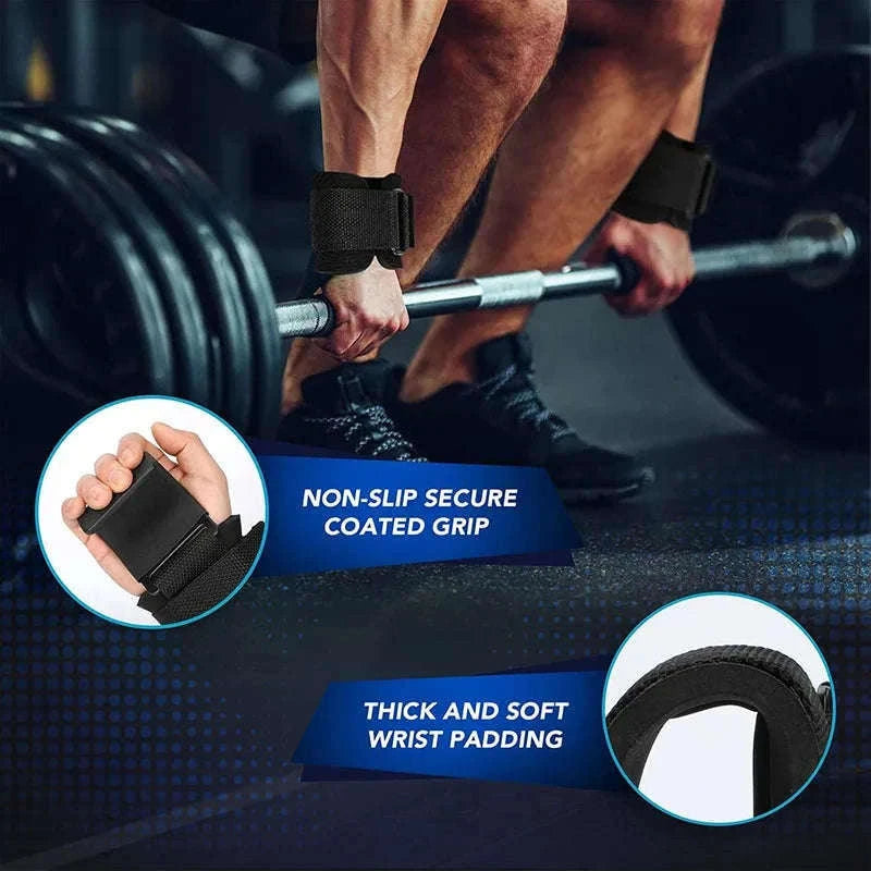 Weight Lifting Hooks with Wrist Wraps for Secure Grip Training-SteelPlate Black-2pc