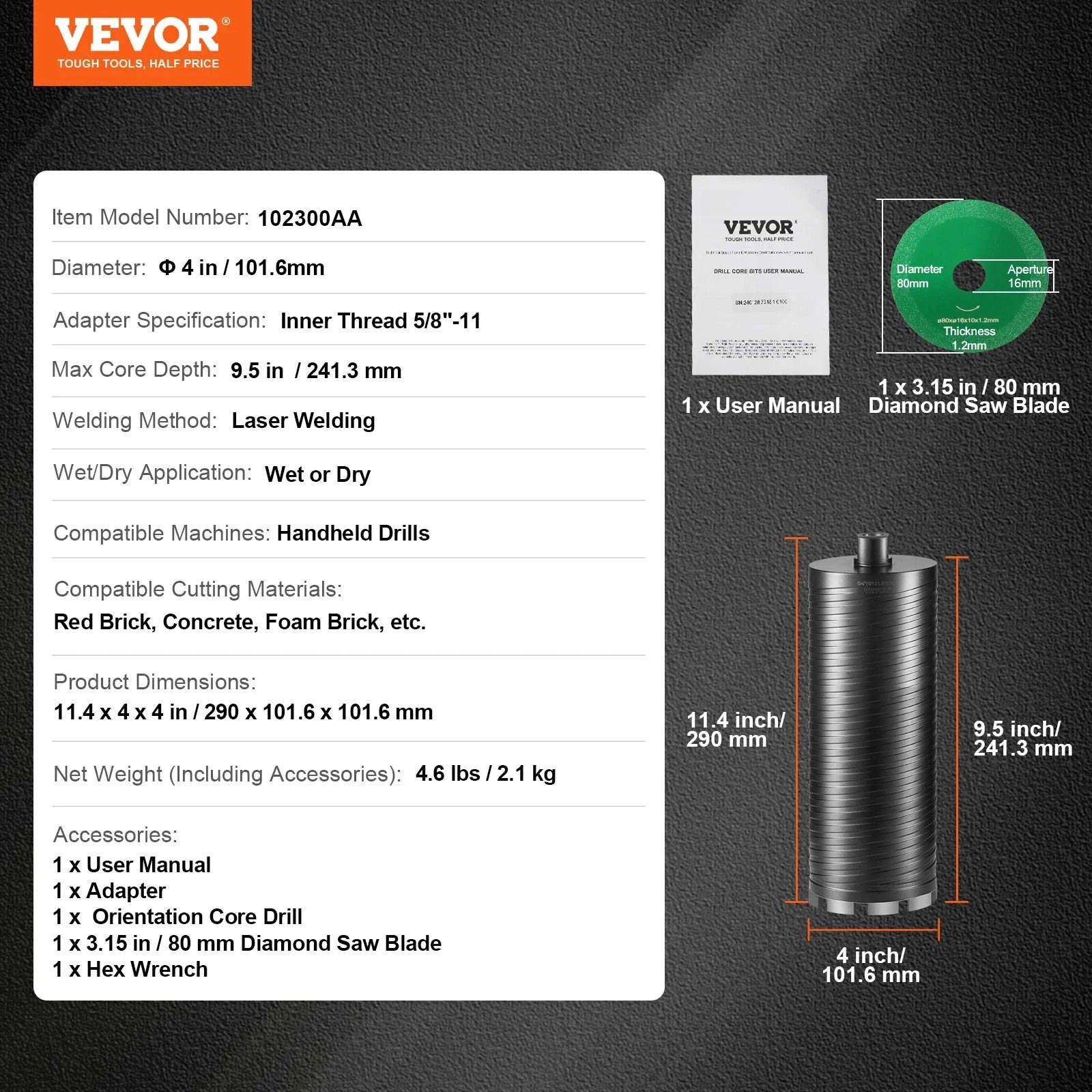 Wet/Dry Diamond Core Drill Bit for Brick and Concrete with Pilot Bit, Adapter and Saw Blade-Wet 108mm / United States