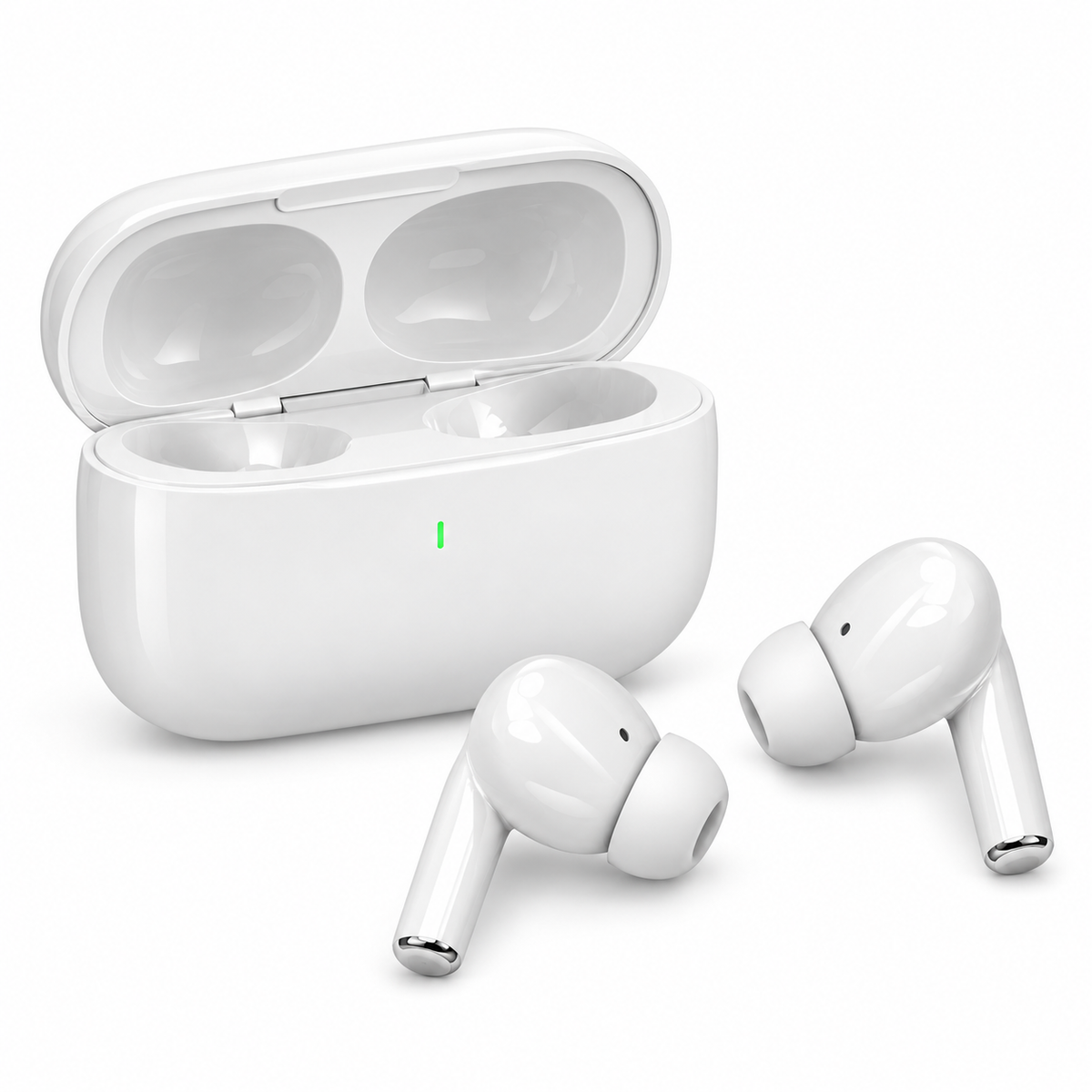White wireless earbuds with open charging case on white background