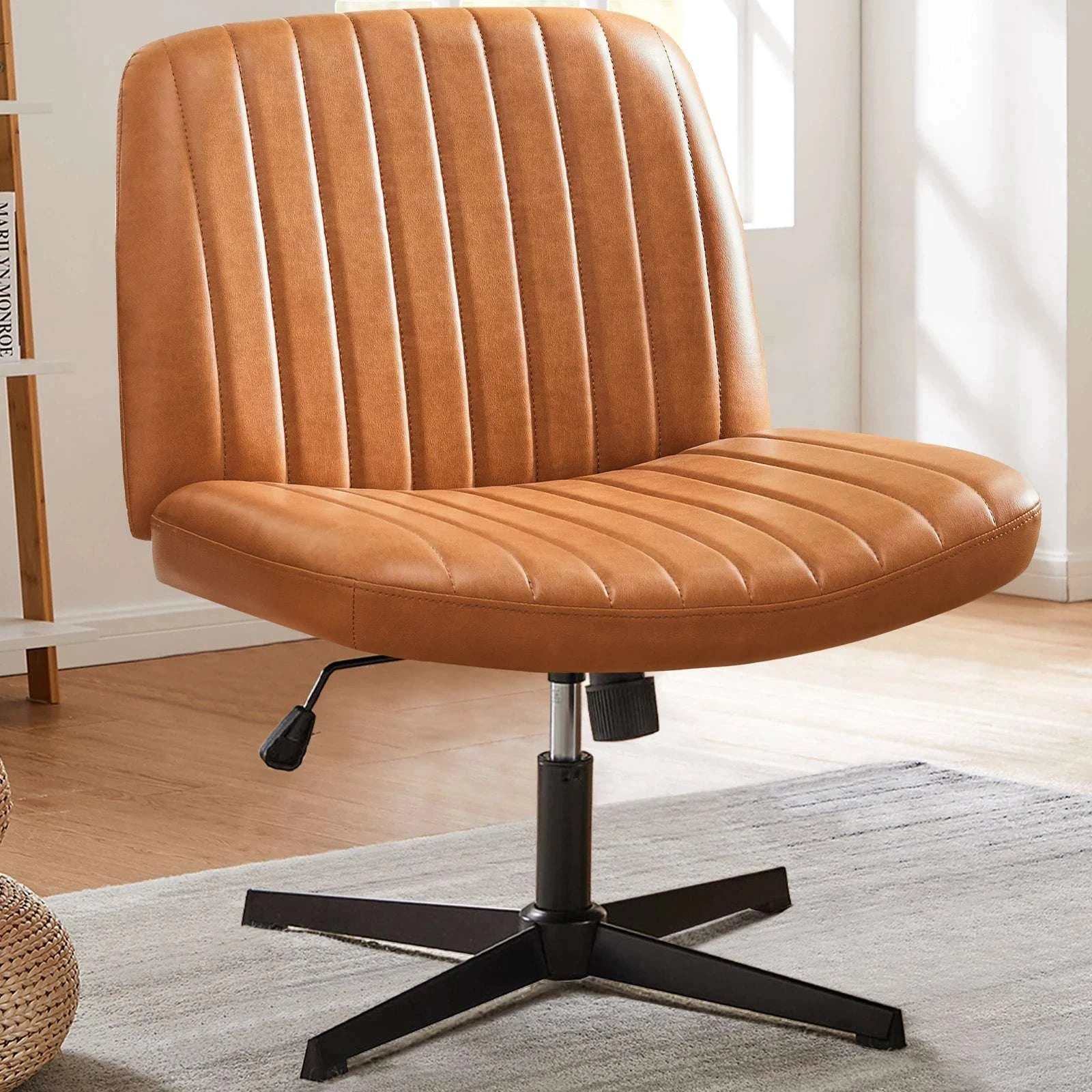 Wide Cross-Legged Office Chair Armless Adjustable Swivel Seat-leather brown / United States