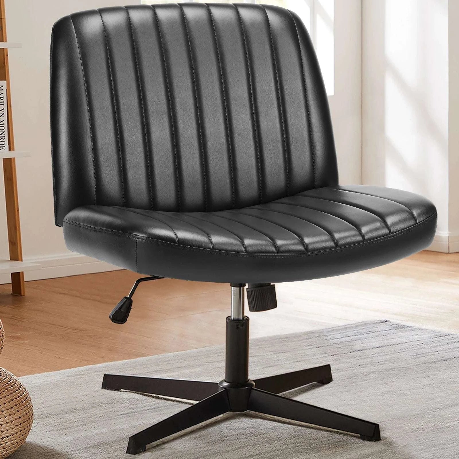Wide Cross-Legged Office Chair Armless Adjustable Swivel Seat-leather brown / United States